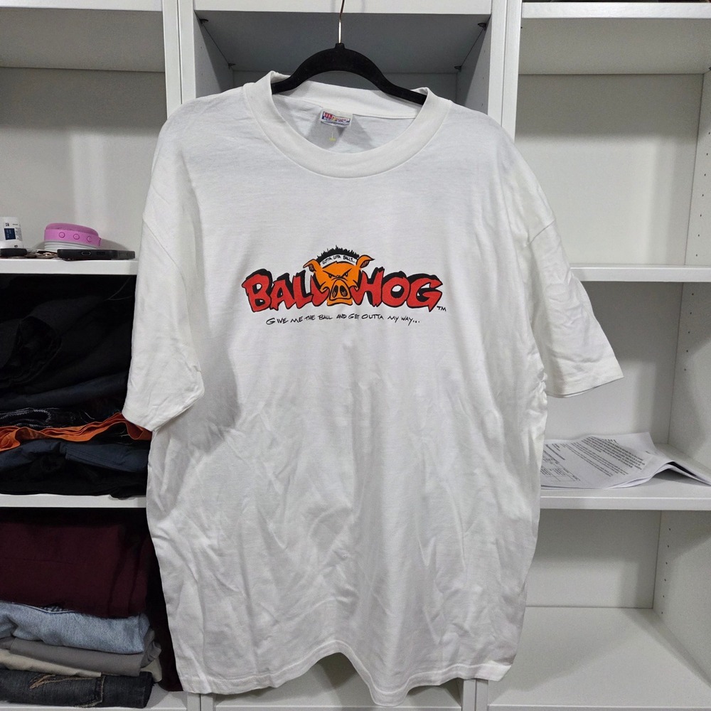 Vintage Hanes Beefy-T Ball Hog Basketball Graphic T-Shirt Mens XL White 90s
